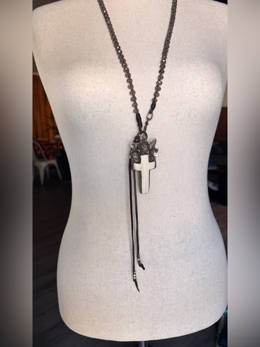 Love Heals Ojai Artisan Carved Bone Cross Floral Statement Necklace Smoky Quartz